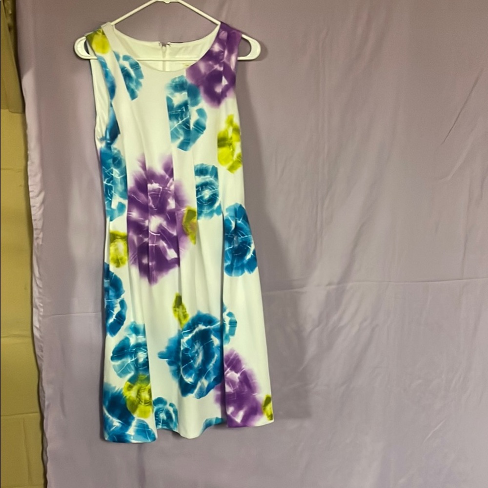 Calvin Klein Collection White Dress with Blue, Purple, and Yellow Floral Pattern